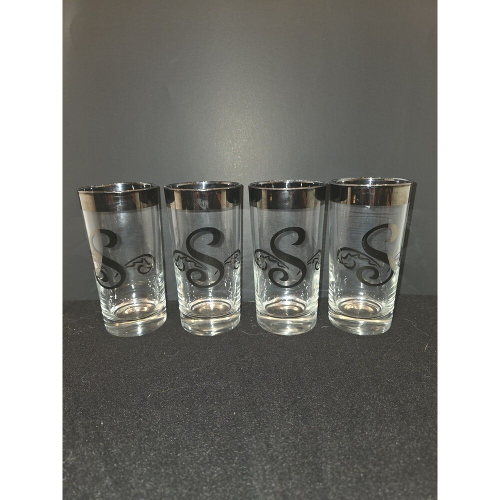 Set of 4 Vintage MCM Dorothy Thorpe Style Highball Glasses - Silver Rim Monogram